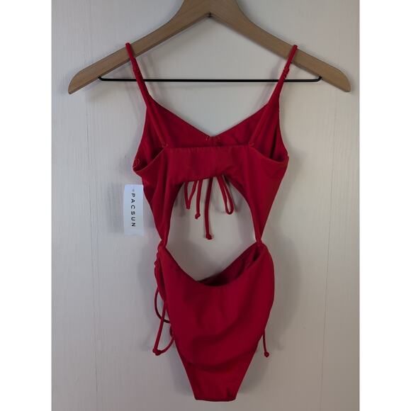 Pacsun Womens Red Monokini Swimsuit Size XXS Cutout One Piece Ruched Tie Front - Picture 2 of 10